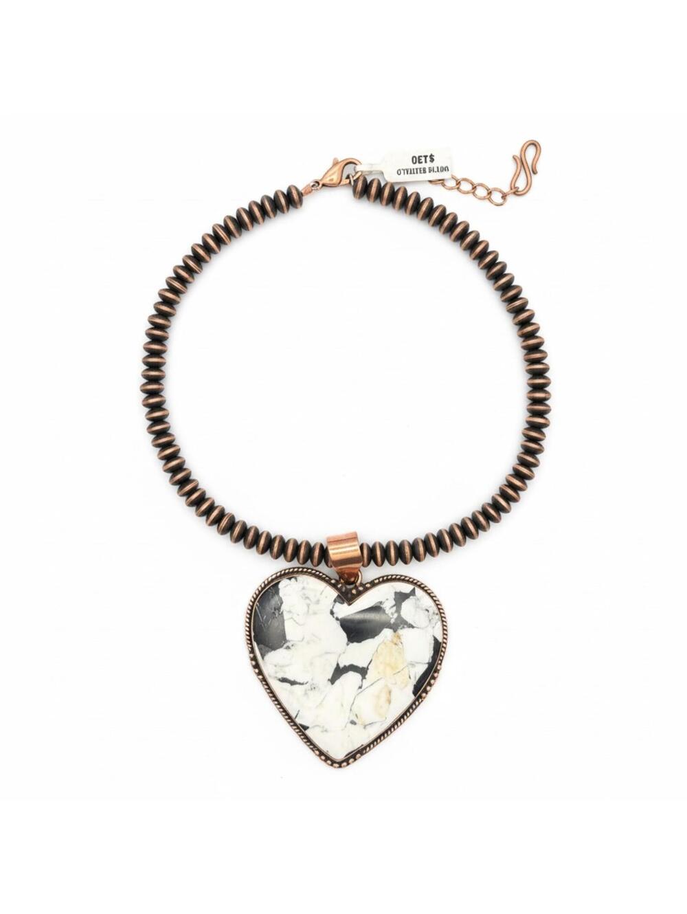 Large White Buffalo Heart Pendant & 7mm Copper Saucer Bead Necklace Retail $380